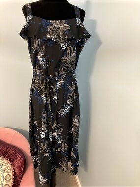 Banana Republic Black Floral Ruffle Midi Dress with Blue and White Accents